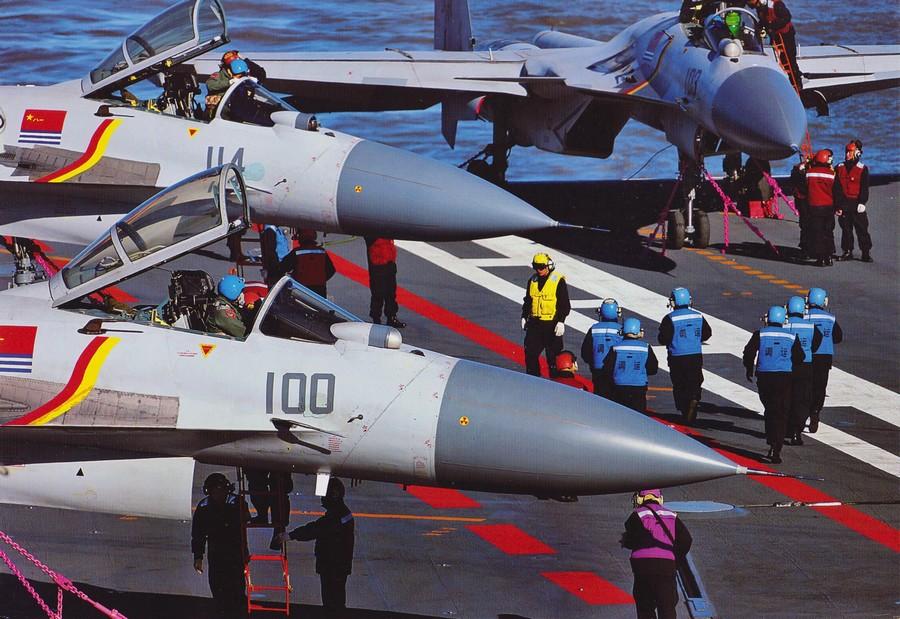 J-15 fighters in drill on Chinese aircraft carrier