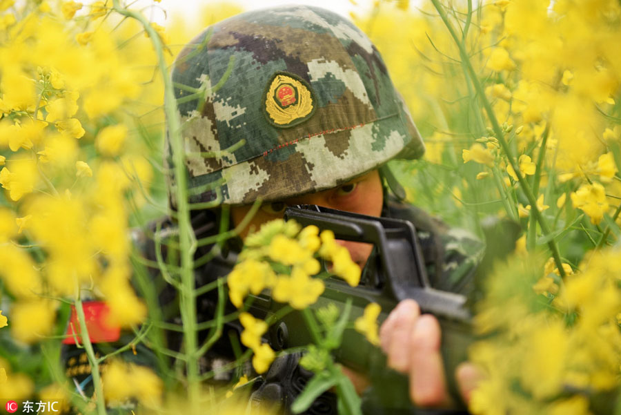 Armed police train in Jiangxi flower field