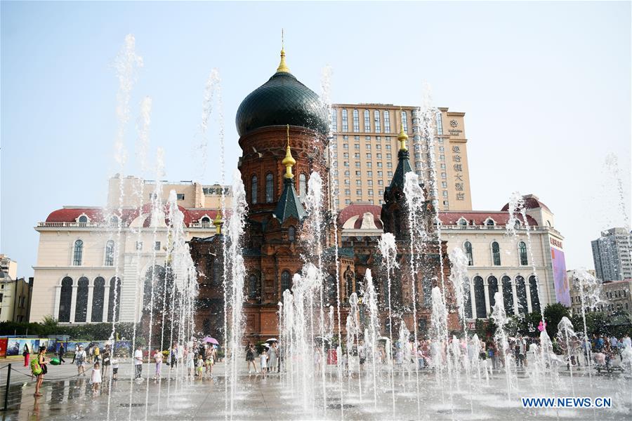 People have fun around musical fountain in NE China's Harbin