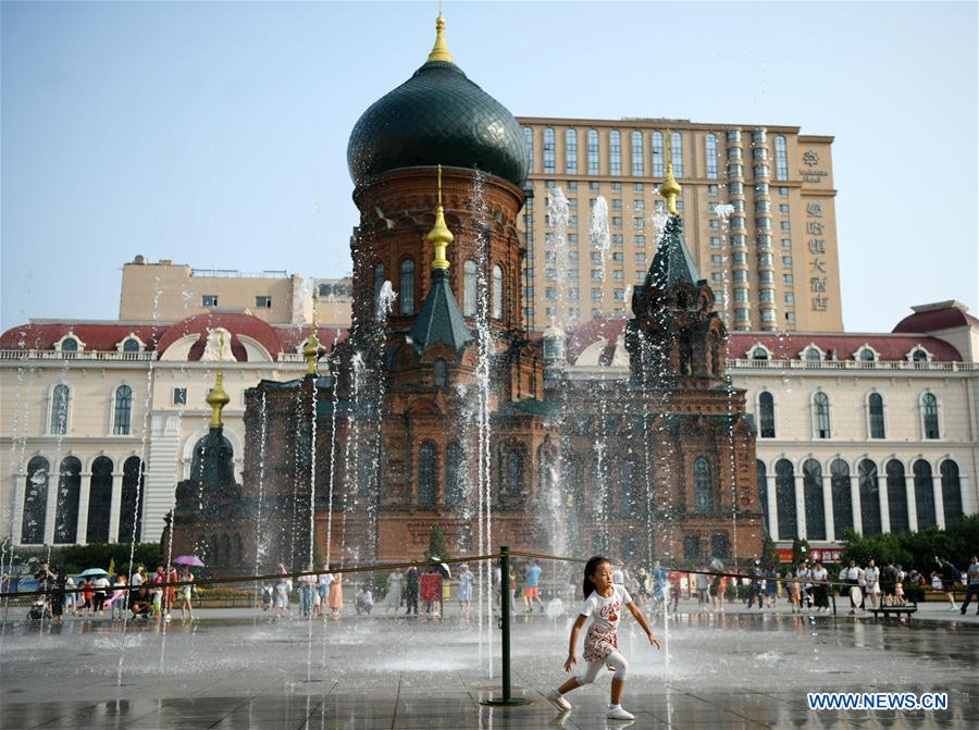 People have fun around musical fountain in NE China's Harbin