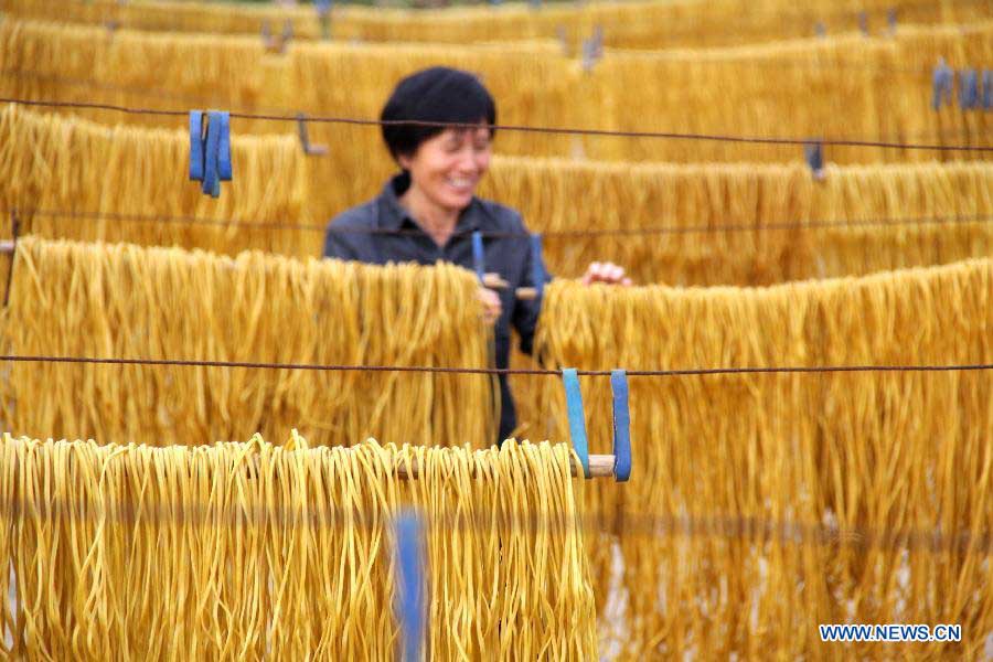 A villager airs sweet potato vermicelli in Peicun Village of Bocheng Township in Huangxian County, central China's Henan Province, Nov. 4, 2012. More than 100 families in the village live on making sweet potato vermicelli and their annual revenues are able to hit more than four million yuan (640,400 US dollars). (Xinhua/Liu Xiaokun) 