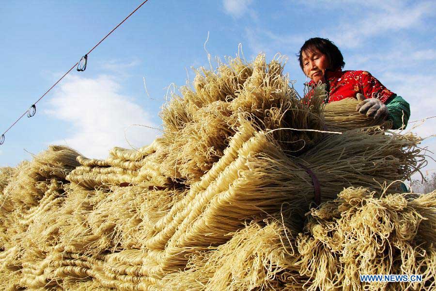 Villagers pack up dried sweet potato vermicelli in Peicun Village of Bocheng Township in Huangxian County, central China's Henan Province, Nov. 4, 2012. More than 100 families in the village live on making sweet potato vermicelli and their annual revenues are able to hit more than four million yuan (640,400 US dollars). (Xinhua/Liu Xiaokun) 