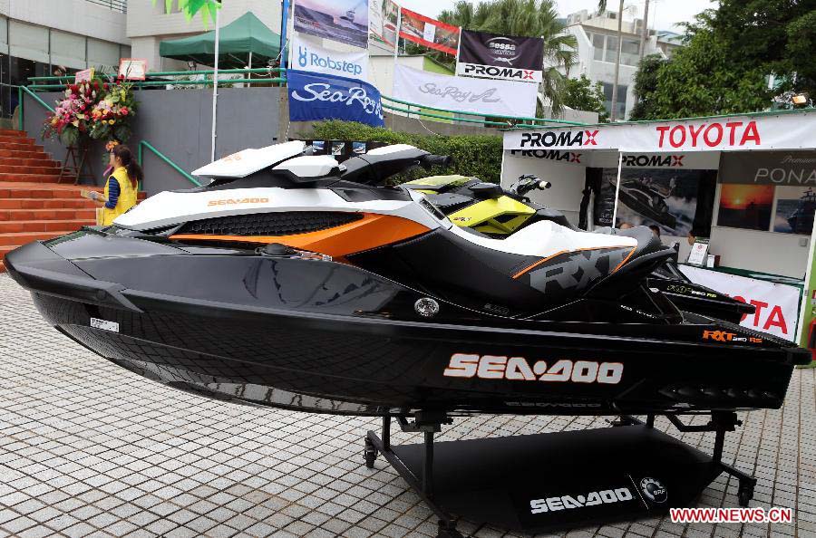 A yacht is pictured at its booth during Hong Kong International Boat Show 2012 in south China's Hong Kong, Dec. 2, 2012. The boat show closed on Sunday. (Xinhua/Li Peng) 