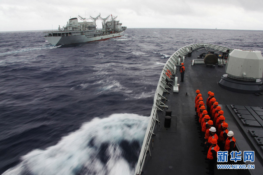 A taskforce of the Navy of the Chinese People's Liberation Army (PLA) completed underway comprehensive supply training in a sea area of the West Pacific Ocean on December 6, 2012. (Xinhua/Ju Zhenhua)