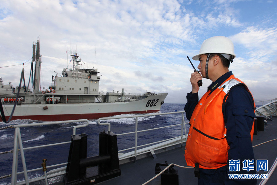 A taskforce of the Navy of the Chinese People's Liberation Army (PLA) completed underway comprehensive supply training in a sea area of the West Pacific Ocean on December 6, 2012. (Xinhua/Ju Zhenhua)