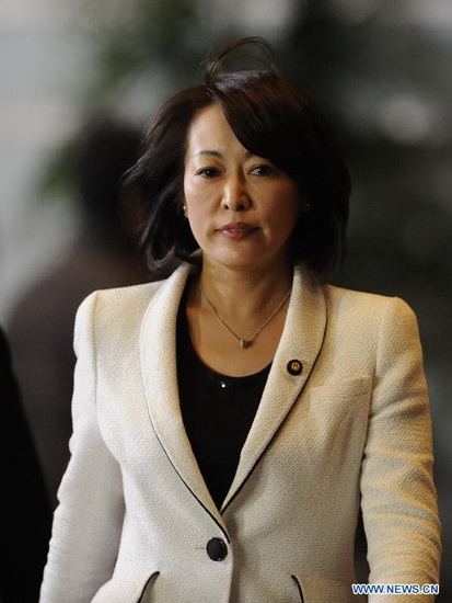 New minister for boosting birth rate and gender issues Masako Mori arrives at the prime minister's official residence in Tokyo, Japan, Dec. 26, 2012. Japan's new Chief Cabinet Secretary Yoshihide Suga on Wednesday announced members of a new cabinet led by Prime Minister Shinzo Abe, who just claimed the post in a special session of the Diet. (Xinhua/Kenichiro Seki) 