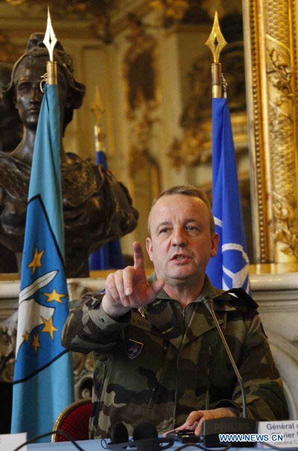 French general and commander of Eurocorps Olivier de Bavinckhove announces that Eurocorps has ended their intervention in Afghanistan in Strasbourg, France, Jan. 31, 2013. The Eurocorps held a ceremony marking the end of its intervention in Afghanistan on Thursday in Strasbourg. (Xinhua/Wang Xiaojun)