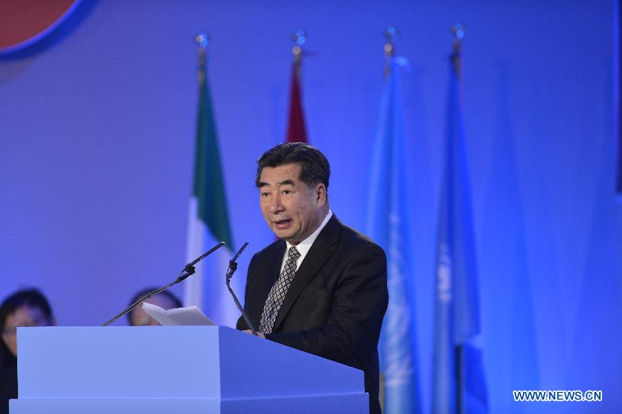 Chinese Vice Premier Hui Liangyu addresses the inauguration of the 36th Governing Council of the International Fund for Agricultural Development (IFAD) in Rome, Italy, Feb. 13, 2013. (Xinhua/Liu Yu)