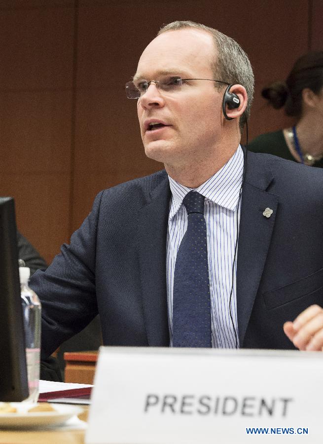 Irish Agriculture, Food and Marine Minister Simon Coveney chairs a meeting at EU headquarters in Brussels, capital of Belgium, Feb. 13, 2013, to discuss responses to the discovery of horsemeat in beef products in several EU countries. (Xinhua/Thierry Monasse) 