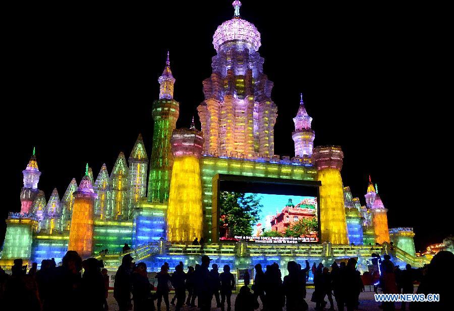 An ice sculpture is displayed at Ice and Snow World in Harbin, capital of northeast China's Heilongjiang Province, Feb. 14, 2013. (Xinhua/Wang Song)