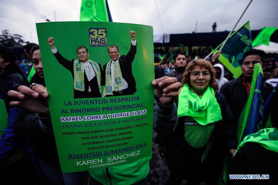 Supporters of Ecuador's President Rafael Correa celebrate his virtual re-election, in Quito, capital of Ecuador, on Feb. 17, 2013. Ecuadorian President Rafael Correa was re-elected in Sunday's elections, according to preliminary results. (Xinhua/Jhon Paz) 