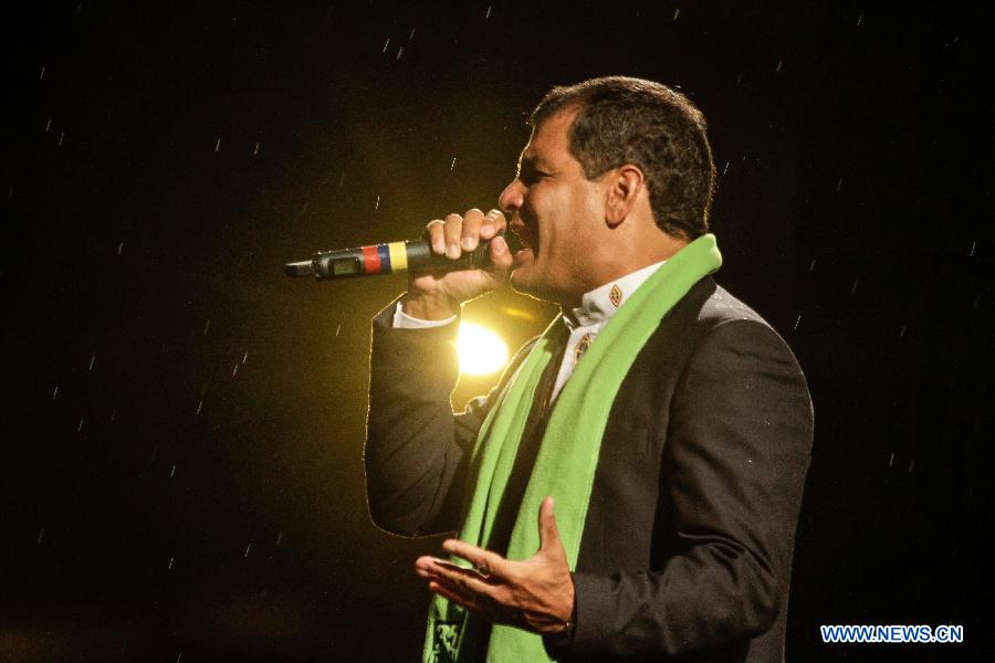 Ecuador's President Rafael Correa celebrates his virtual re-election, in Quito, capital of Ecuador, on Feb. 17, 2013. Ecuadorian President Rafael Correa was re-elected in Sunday's elections, according to preliminary results. (Xinhua/Jhon Paz) 