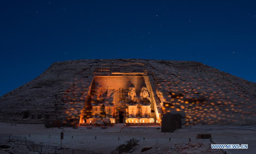 Photo taken on Feb. 21, 2013 shows the Sound and Light show at Abu Simbel Temple of ancient Egyptian King Ramses II in Aswan, Egypt. (Xinhua/Qin Haishi)