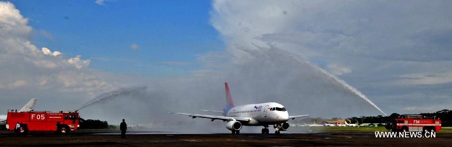 A Russian-made commercial plane Sukhoi Super Jet 100 (SSJ 100) lands at Halim Perdana Kusuma Airport in Jakarta, Indonesia, Feb. 28, 2013. An Indonesian airlines firm, Sky Aviation, received on Wednesday the initial delivery of SSJ 100, expecting five to join the fleet by the end of this year. (Xinhua/Agung Kuncahya B.)