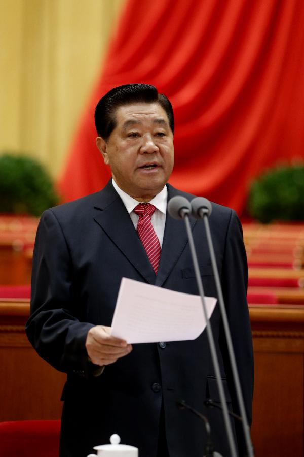 Jia Qinglin presides over the preparatory meeting for the first session of the 12th National Committee of the Chinese People's Political Consultative Conference (CPPCC) at the Great Hall of the People in Beijing, capital of China, March 2, 2013. (Xinhua/Ju Peng)