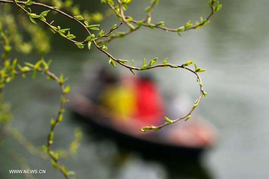 Citizens row on a lake at the botanical garden during the early Spring in Jinan City, capital of east China's Shandong Province, March 16, 2013. (Xinhua/Guo Xulei) 