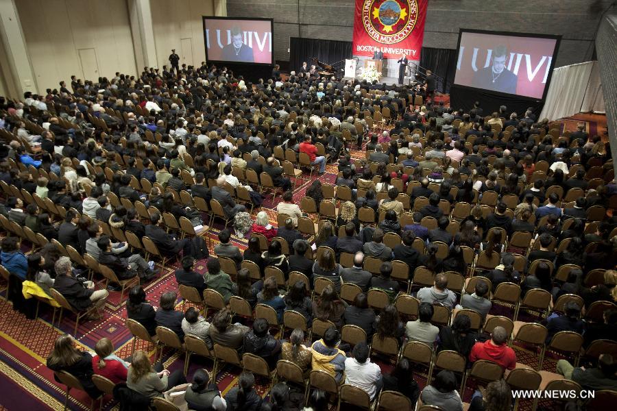 Friends, families and fellow students participate in Boston bombing victim Lu Lingzi's memorial service at Metcalf Hall in Boston University in Boston, the United States, on April 22, 2013. Lu Lingzi, a Boston University student from China, was killed in the deadly Boston Marathon explosions on April 15. (Xinhua/Pool/Boston Globle)