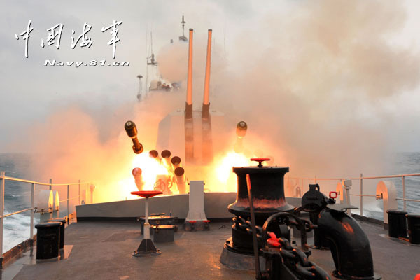 The Jiangmen missile frigate under the South Sea Fleet of the Chinese People's Liberation Army Navy (PLAN) is in live-ammunition fire training in the waters of the Nansha Islands in the South China Sea. (China Military Online/Gao Yi, Zhao Changhong) 