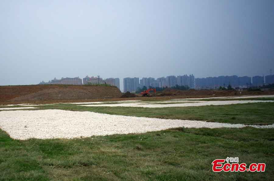 A huge lawn with a 2-dimensional bar code is seen at a construction site in Hefei, Anhui Province, May 16, 2013. The lawn, about 6,400 square meters, can be decoded by smartphone apps from above to play music and videos. (CNS/Zhang Yazi)