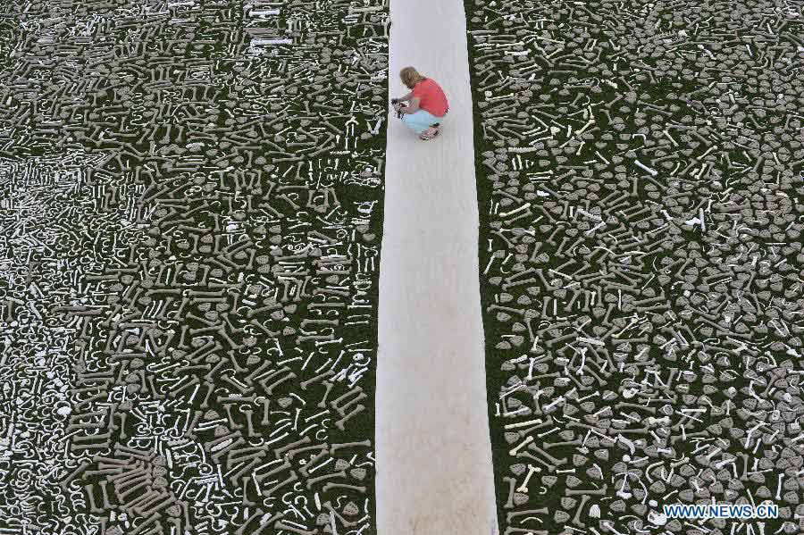 Visitors walk among bones during a demonstration named "One Million Bones" on the National Mall in Washington D.C., capital of the United States, June 9, 2013. One million handmade human bones, created by students, artists, and activists were laid during the weekend on the National Mall as a symbolic mass grave and a visible petition to end genocide and mass atrocities. (Xinhua/Zhang Jun)