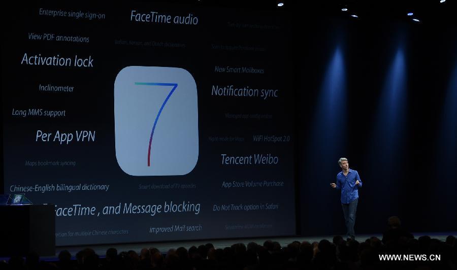 Apple's Senior Vice President of Software Engineering Craig Federighi addresses the 2013 Apple WWDC at the Moscone Center in San Francisco, California, the United States, on June 10, 2013. (Xinhua)