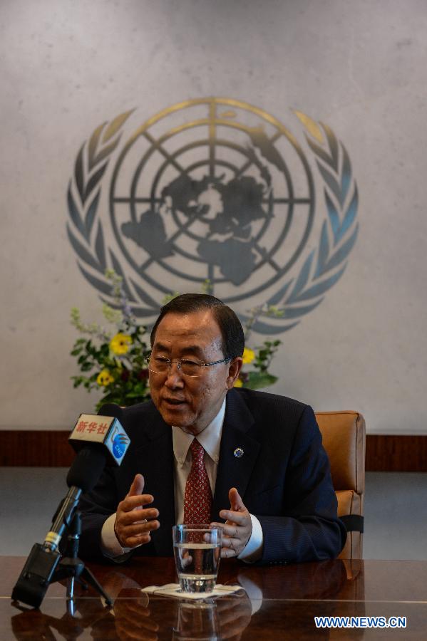 UN Secretary-General Ban Ki-moon receives an interview of Xinhua News Agency at the UN headquarters in New York, the United States, on June 13, 2013. UN Secretary-General Ban Ki-moon said that he is looking forward to meeting members of the new Chinese leadership and he hopes to see "an even bigger and stronger partnership" between the United Nations and China. The secretary-general made the remarks in an interview with Xinhua ahead of an official visit to China from June 18 to 21 at the invitation of the Chinese government. (Xinhua/Niu Xiaolei) 