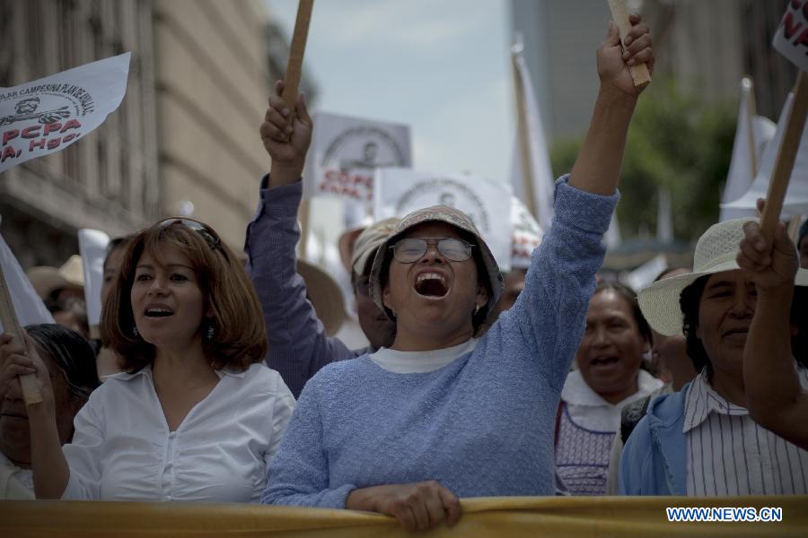 People attend a rally convened by farmer's organizations in Mexico City, capital of Mexico, on June 19, 2013. Organizations integrated to the Agrarian Permanent Congress, and others like the Broad Front of Farmers, "El Barzon" (National Union of Agricultural Producers, Traders, Industrialists and Service Providers) and the "Plan de Ayala" Coordinator, attended the rally demanding better conditions for the countryside, according to the local press. (Xinhua/Alejandro Ayala)