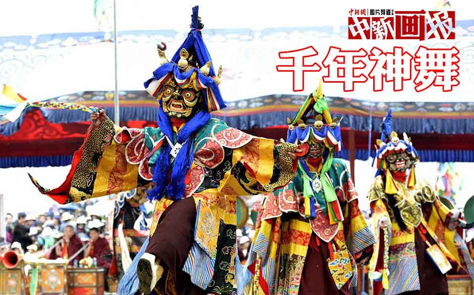 Lamas wearing masks perform "Qiang Mu" dance in Samye Monastery in Chanang County, Southwest China's Tibet Autonomous Region, June 24, 2013. "Qiang Mu," a religious dance of Tibetan Buddhism, is a well-established performing art form combining scripture chanting in perfect unison with music and dance, and performed in temples by lamas with solemn and splendid atmospheres. (CNS/Li Lin)