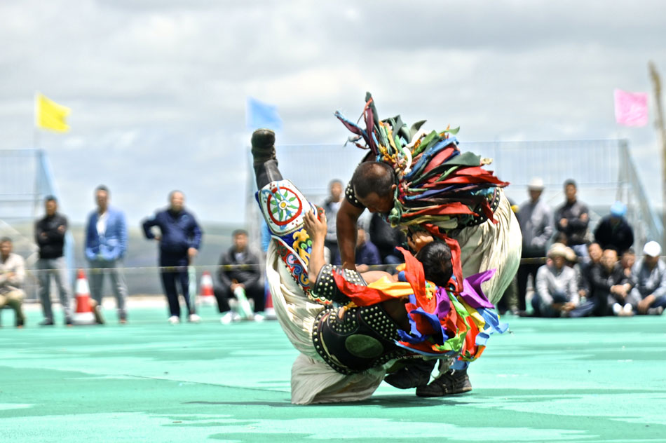 Wrestlers compete in Bokh, or Mongolian wrestling, in Xilingol League area, Inner Mongolia autonomous region, June 28, 2013. (Xinhua/Jin Yu)