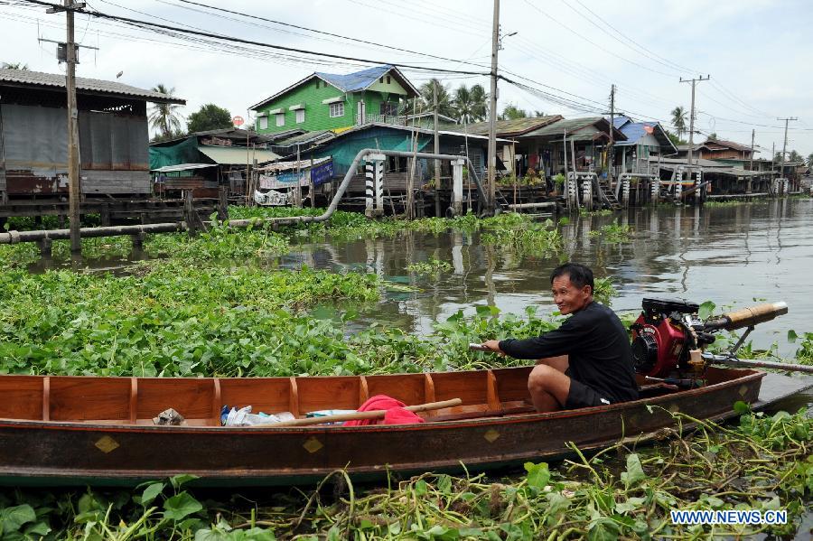 A resident boats on a tributary of the Chao Phraya river, Thailand, July 16, 2013. The Chao Phraya river is a major river in Thailand. It flows through Bangkok and then into the Gulf of Thailand. (Xinhua/Gao Jianjun)