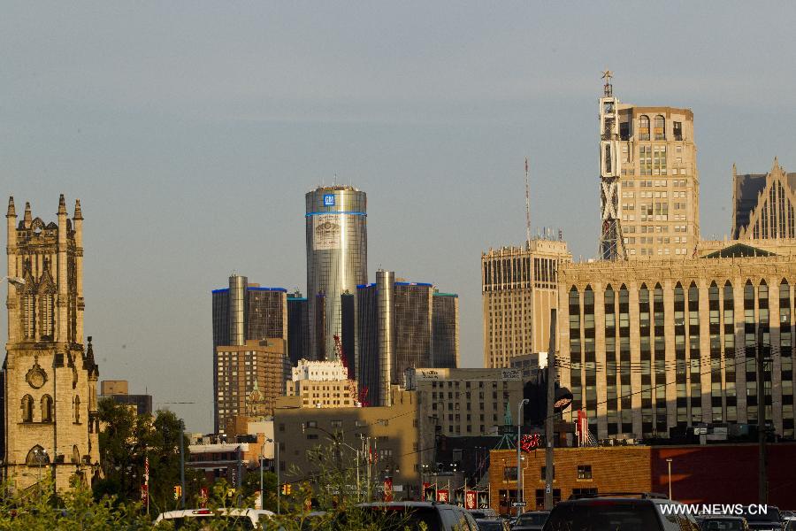 The downtown skyline is seen in Detroit, Michigan, the United States, July 18, 2013. U.S. city Detroit filed for bankruptcy Thursday, making it the largest-ever municipal bankruptcy in U.S. history, local media reported. (Xinhua/Tony Ding) 