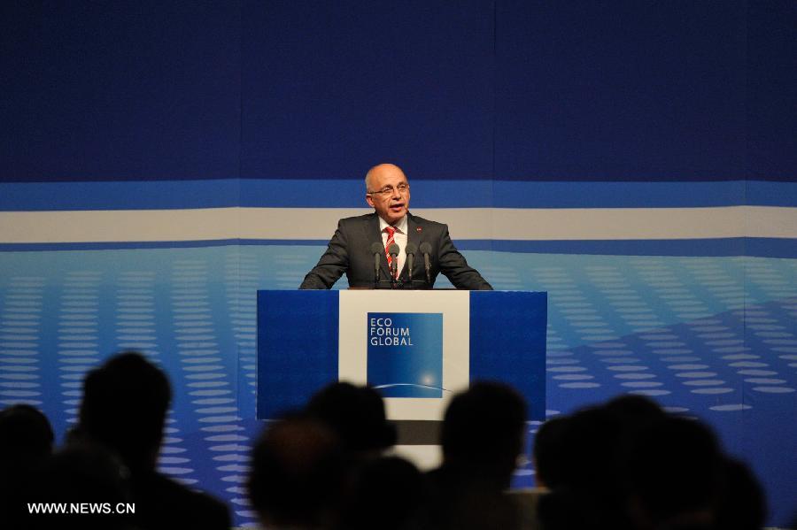 Swiss President Ueli Maurer addresses the opening ceremony of the Eco Forum Global Annual Conference Guiyang 2013 in Guiyang, capital of southwest China's Guizhou Province, July 20, 2013. Over 2,000 participants from home and abroad attended the conference themed on "Building Eco-Civilization: Green Transformation and Transition". (Xinhua/Ou Dongqu) 