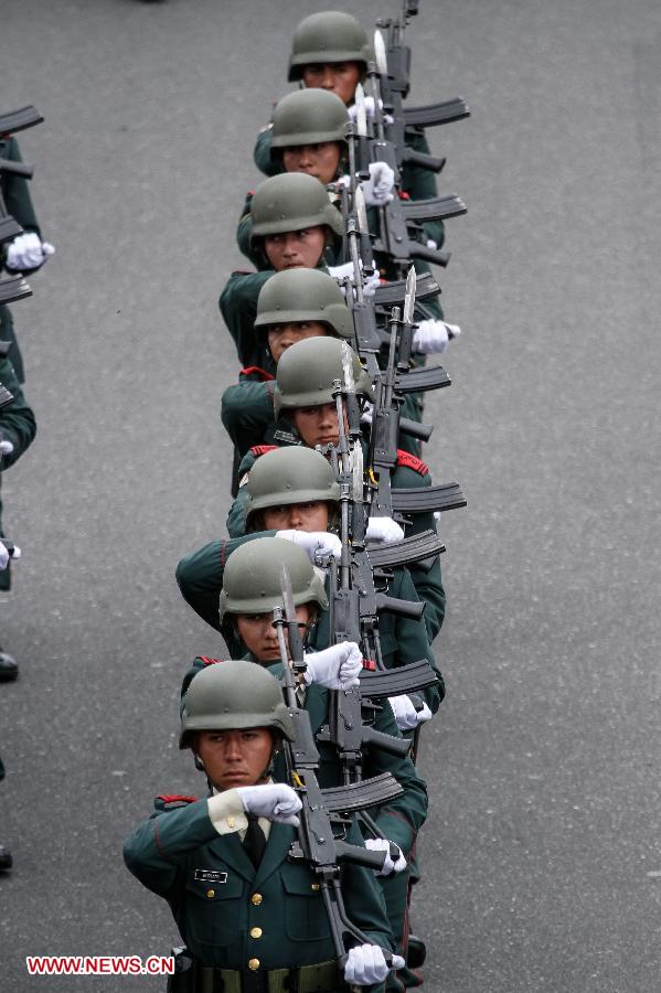 Elements of Colombia's Military Forces participate in the military parade in the framework of the Colombia's Independence Day commemoration, in Bogota, Colombia, on July 20, 2013. The commemoration of the 203rd anniversary of Colombia's Independence includes a homage to the Colombian Army veterans. (Xinhua/Jhon Paz) 